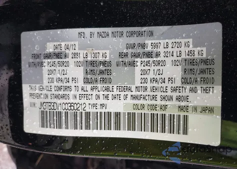 2012 Mazda Cx-9 Grand Touring from USA, damaged, VIN JM3TB3DV1C0360212